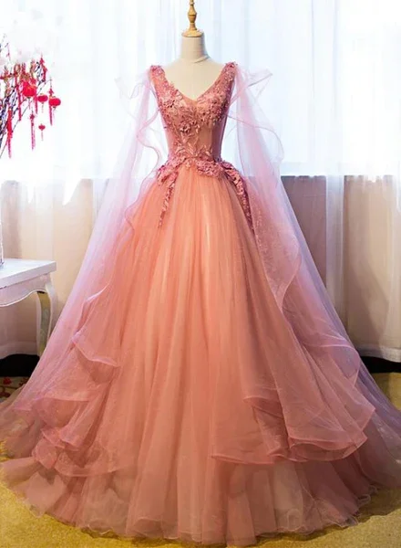 Trendy two-piece prom dresses for 2023-Pink Tulle Sweet 16 Party Dress With Lace Applique, Long Formal Gown gh973 Trendy two-piece prom dresses for 2023-Pink Tulle Sweet 16 Party Dress With Lace Applique, Long Formal Gown gh973
