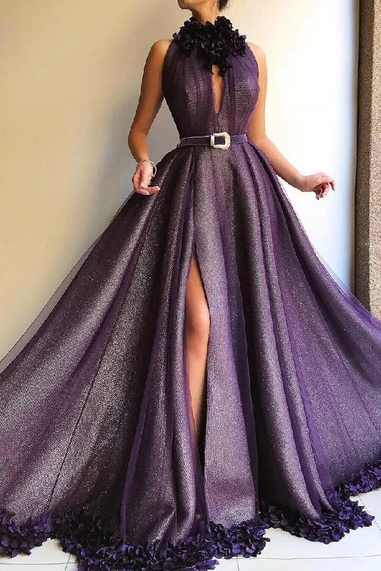 Sexy mermaid prom dresses for hourglass figures-Pretty Halter Long Front Split Purple Prom Dress With Handmade Flower gh2148 Sexy mermaid prom dresses for hourglass figures-Pretty Halter Long Front Split Purple Prom Dress With Handmade Flower gh2148