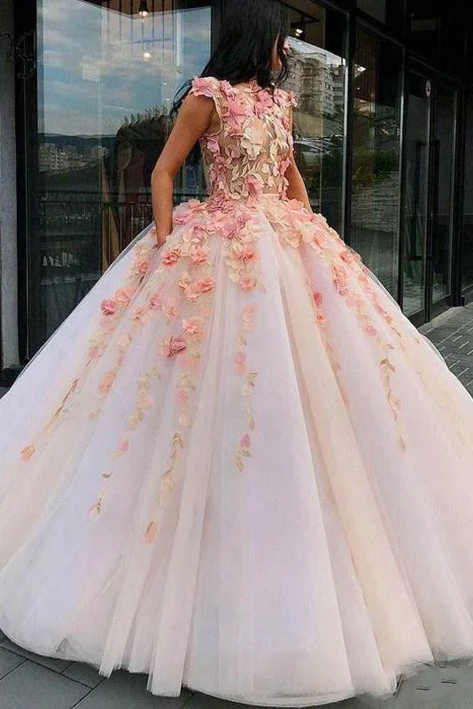 Soft pink prom dresses for a sweet style-Princess Ball Gown Pink Tulle Prom Dresses with Handmade Flowers, Quinceanera Dress gh2127 Soft pink prom dresses for a sweet style-Princess Ball Gown Pink Tulle Prom Dresses with Handmade Flowers, Quinceanera Dress gh2127