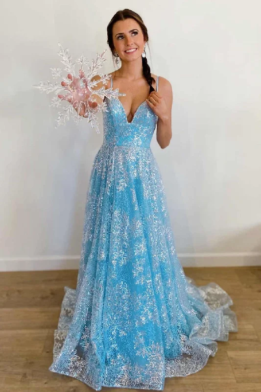 Elegant prom dresses with tulle skirts-Princess Blue Straps A-Line Long Prom Gown gh1136