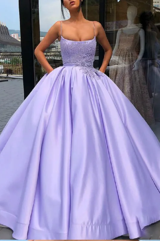 Prom dresses for New Year's parties-Purple Ball Gown Spaghetti Straps Satin Sweet 16 Dress With Pocket Quinceanera Dress gh2217