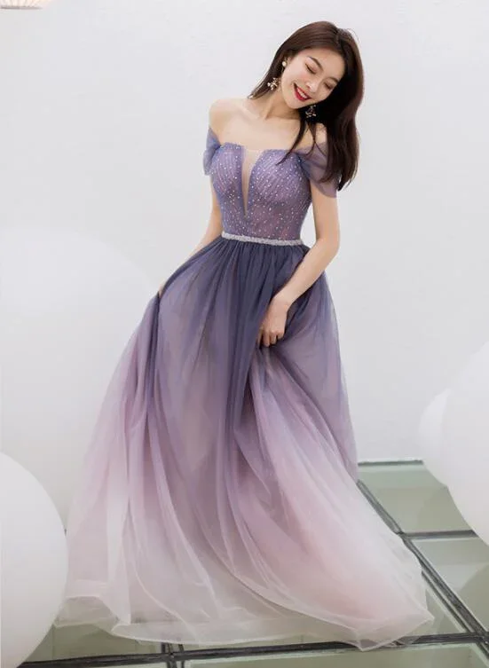 Satin and lace prom dresses for elegance-Purple Gradient Beaded Tulle Long Chich Party Dress, A-line Tulle New Prom Dress Formal Dress gh2095 Satin and lace prom dresses for elegance-Purple Gradient Beaded Tulle Long Chich Party Dress, A-line Tulle New Prom Dress Formal Dress gh2095