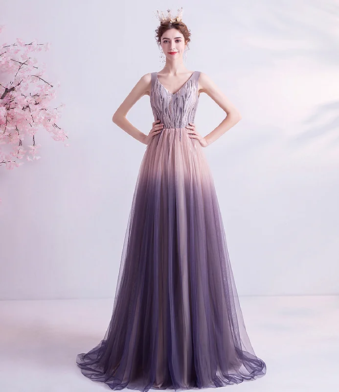 Dazzling prom dresses with rhinestone details-Purple gradient tulle long A line prom dress evening dress  8749