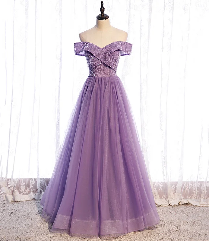 Sparkling gold prom dresses for a standout look-Purple tulle beads long A line prom dress evening dress 8790 Sparkling gold prom dresses for a standout look-Purple tulle beads long A line prom dress evening dress 8790