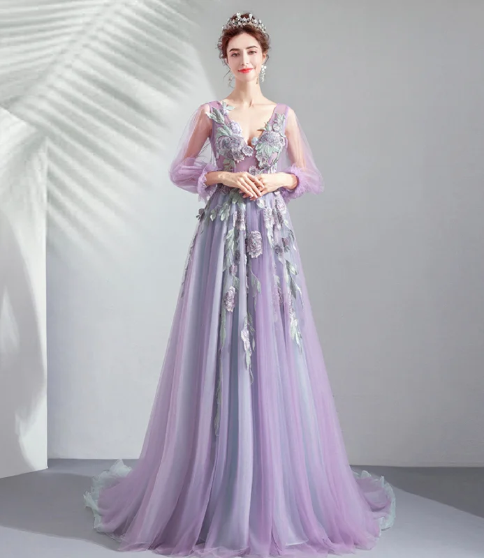 Satin prom dresses for luxurious feel-Purple tulle lace long prom dress A line evening dress 10552 Satin prom dresses for luxurious feel-Purple tulle lace long prom dress A line evening dress 10552