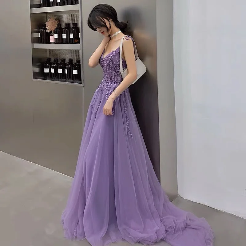 Bold statement prom dresses in vibrant colors-Purple tulle lace long prom dress A line evening gown 10127 Bold statement prom dresses in vibrant colors-Purple tulle lace long prom dress A line evening gown 10127