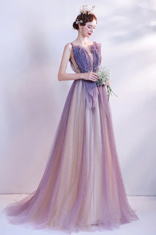 Sequin-filled prom dresses for sparkle-Purple tulle long A line prom dress evening dress  8748