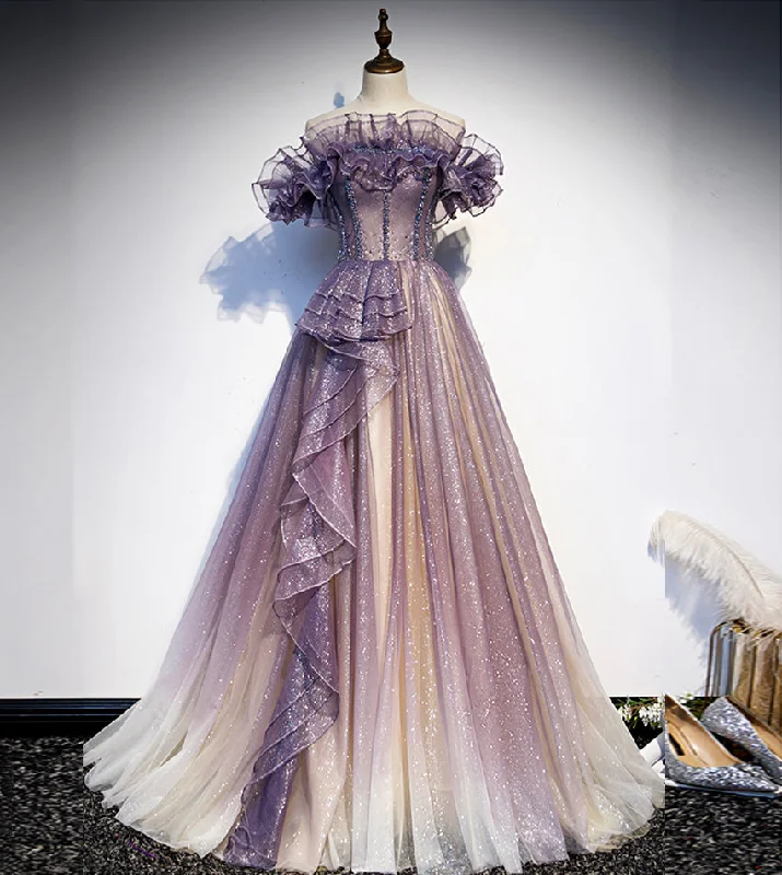 Prom dresses with feather accents-Purple tulle long ball gown dress formal dress 8544 Prom dresses with feather accents-Purple tulle long ball gown dress formal dress 8544
