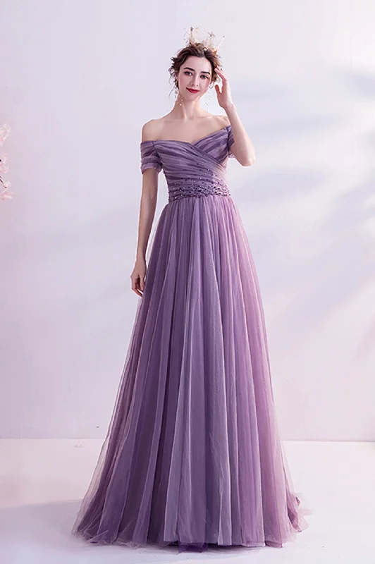 Simple prom dresses for minimalist style-Purple tulle long prom dress A line evening dress 8562 Simple prom dresses for minimalist style-Purple tulle long prom dress A line evening dress 8562