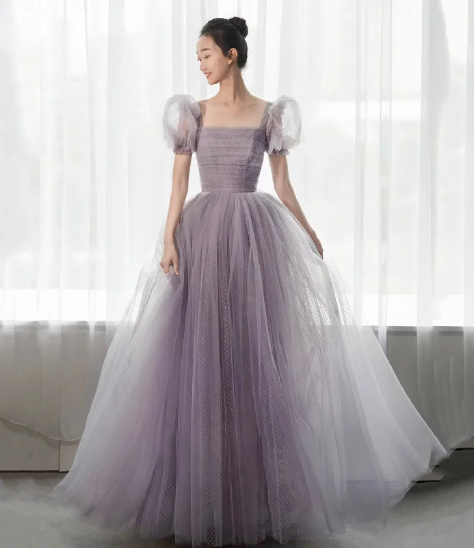Prom dresses for Halloween-Purple tulle long prom dress A line evening gown  10308