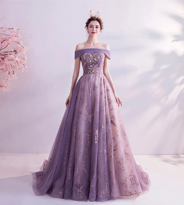 Prom dresses with crystal embellishments-Purple tulle sequins long A line prom dress evening dress 8564 Prom dresses with crystal embellishments-Purple tulle sequins long A line prom dress evening dress 8564
