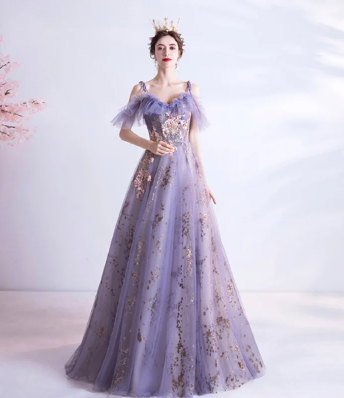 Trendy off-shoulder prom gowns for glam-Purple tulle sequins long A line prom dress evening dress 8750 Trendy off-shoulder prom gowns for glam-Purple tulle sequins long A line prom dress evening dress 8750