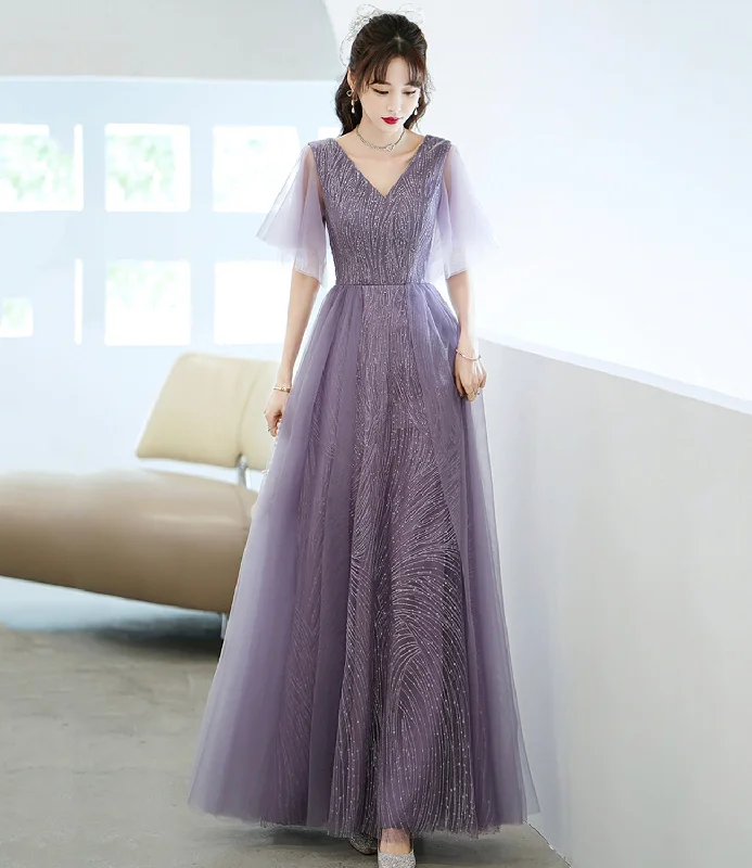 Simple prom dresses for a clean look-Purple tulle sequins long prom dress A line evening dress 10462 Simple prom dresses for a clean look-Purple tulle sequins long prom dress A line evening dress 10462