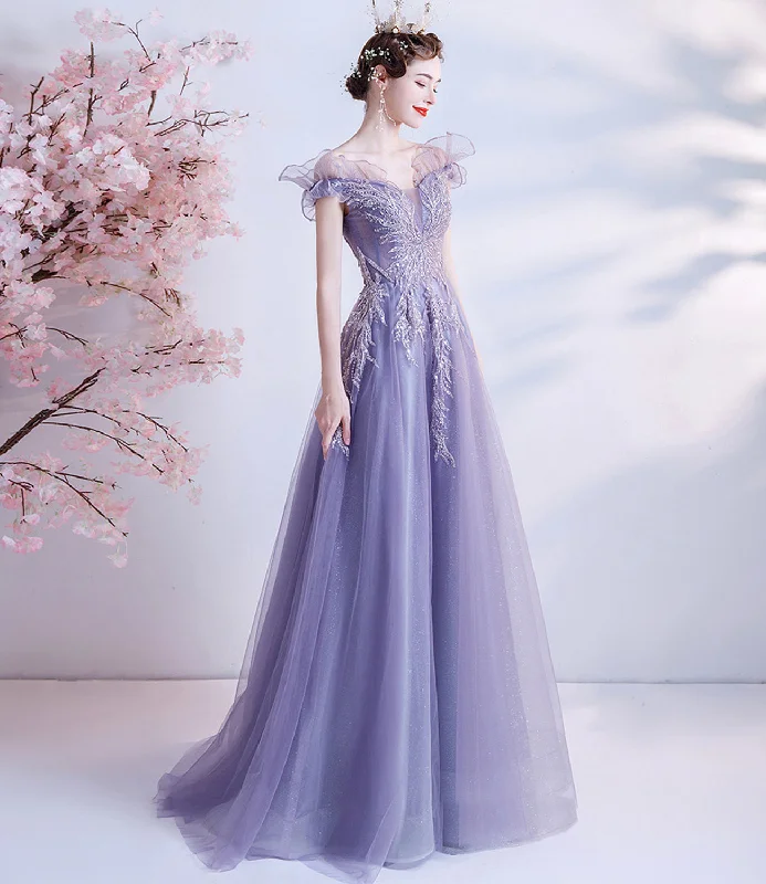 Classy prom dresses with mesh details-Purple tulle sequins long prom dress A line evening dress 10463 Classy prom dresses with mesh details-Purple tulle sequins long prom dress A line evening dress 10463