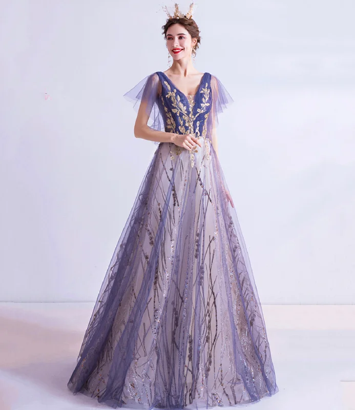 Elegant prom dresses with tulle skirts-Purple tulle sequins long prom dress A line evening dress 10510 Elegant prom dresses with tulle skirts-Purple tulle sequins long prom dress A line evening dress 10510