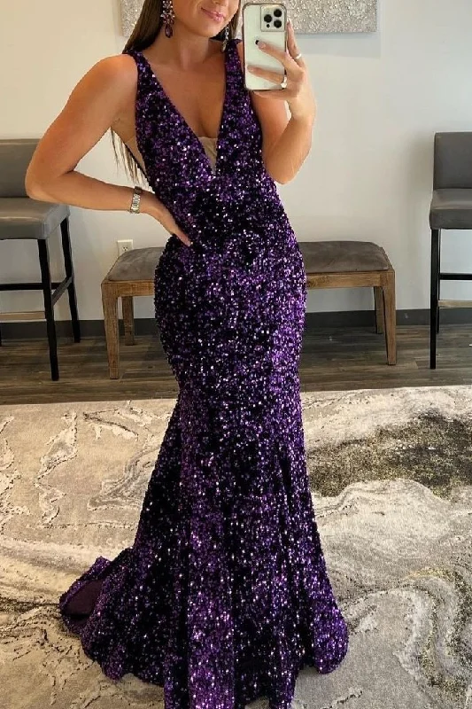 Prom dresses with patriotic colors-Purple V-Neck Long Mermaid Prom Dress With Sequins gh748 Prom dresses with patriotic colors-Purple V-Neck Long Mermaid Prom Dress With Sequins gh748
