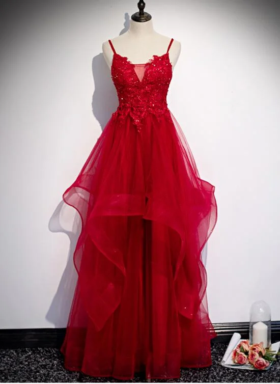 Long prom dresses for teens-Red Lace Tulle Layered Straps Fashionable Long Party Dress, Long Prom Gown gh277 Long prom dresses for teens-Red Lace Tulle Layered Straps Fashionable Long Party Dress, Long Prom Gown gh277