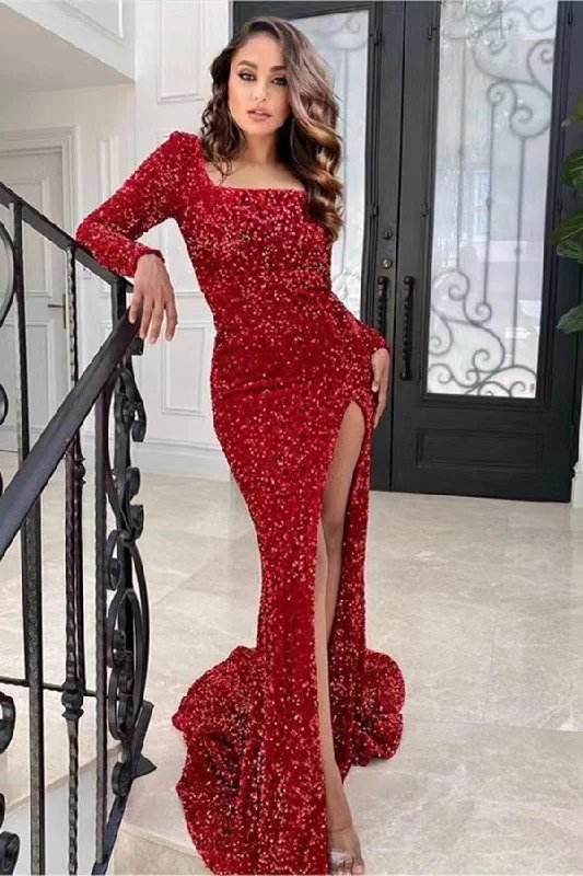 Prom dresses for cocktail parties-Red Long Sleeves Square Sequins Prom Dress Mermaid With Split gh778 Prom dresses for cocktail parties-Red Long Sleeves Square Sequins Prom Dress Mermaid With Split gh778