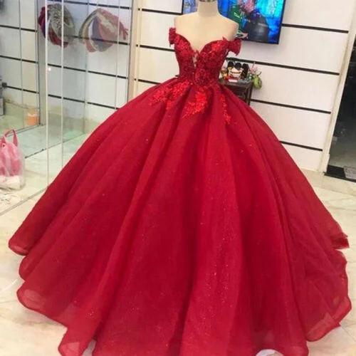 Sparkle in a stunning prom dress-Red Off Shoulder Wedding Dresses Tulle with Lace Appliques Corset Princess Gowns gh1033 Sparkle in a stunning prom dress-Red Off Shoulder Wedding Dresses Tulle with Lace Appliques Corset Princess Gowns gh1033