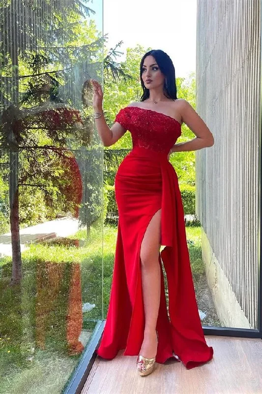 Prom dresses for formal dinners-Red One Shoulder Sequins Strapless Split Mermaid Prom Dress With Lace Appliques gh776 Prom dresses for formal dinners-Red One Shoulder Sequins Strapless Split Mermaid Prom Dress With Lace Appliques gh776