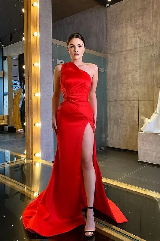 Prom dresses for evening events-Red One Shoulder Sleeveless Mermaid Prom Dress With Split gh783 Prom dresses for evening events-Red One Shoulder Sleeveless Mermaid Prom Dress With Split gh783