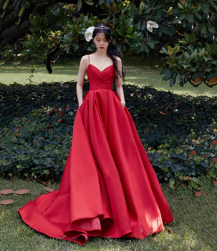 Sexy mermaid prom dresses for hourglass figures-Red satin long prom dress A line evening dress  10567