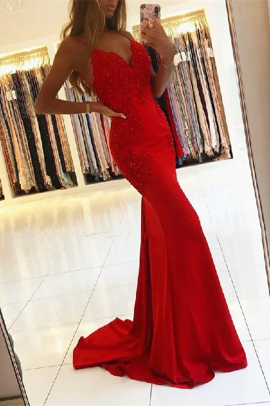 Designer prom gowns for luxury appeal-Red Spaghetti-Straps Mermaid Prom Dress With Appliques gh641 Designer prom gowns for luxury appeal-Red Spaghetti-Straps Mermaid Prom Dress With Appliques gh641