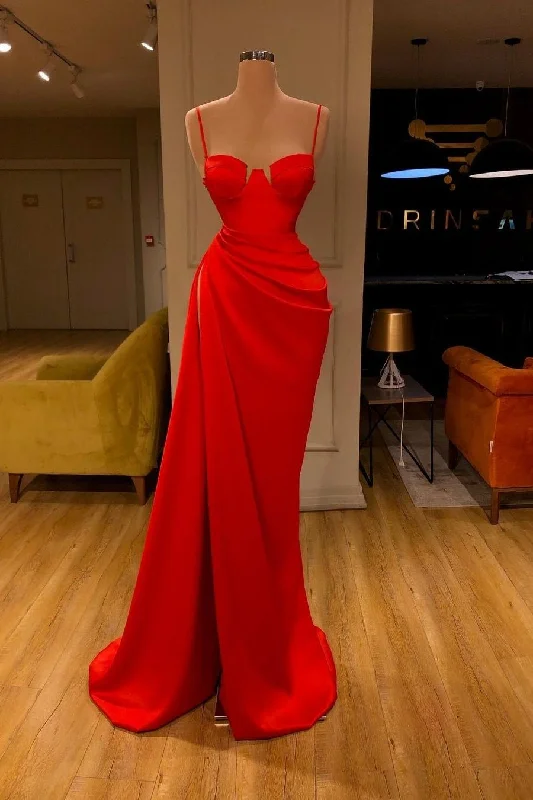 Trendy prom dresses for fashion-conscious teens-Red Spaghetti-Straps Mermaid Prom Dress With Split gh665 Trendy prom dresses for fashion-conscious teens-Red Spaghetti-Straps Mermaid Prom Dress With Split gh665