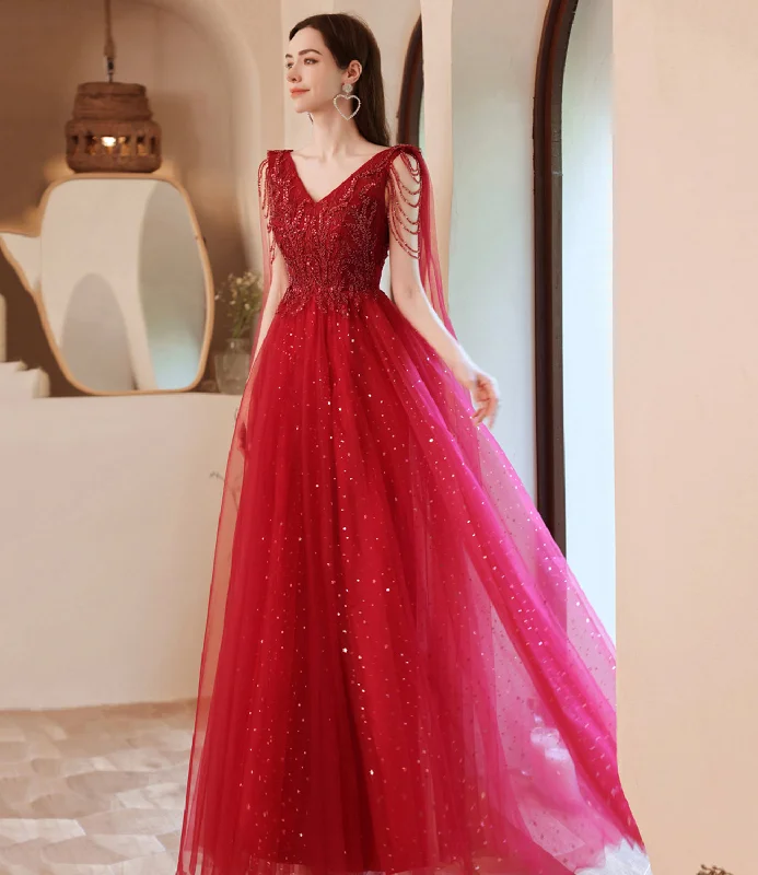 Comfortable but stylish prom dresses-Red tulle beads long A line prom dress evening dress 8794 Comfortable but stylish prom dresses-Red tulle beads long A line prom dress evening dress 8794
