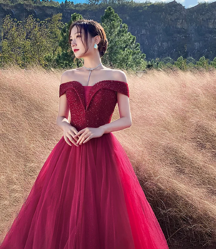 Prom dresses with spooky themes-Red tulle beads long prom dress A line evening dress  10307
