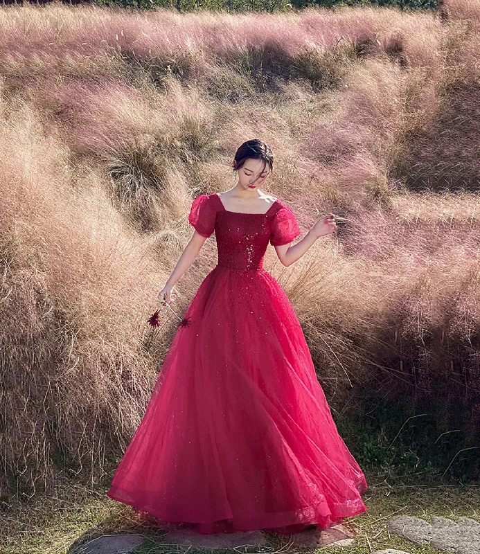 Prom dresses with holiday cheer-Red tulle beads long prom dress A line evening gown  10303