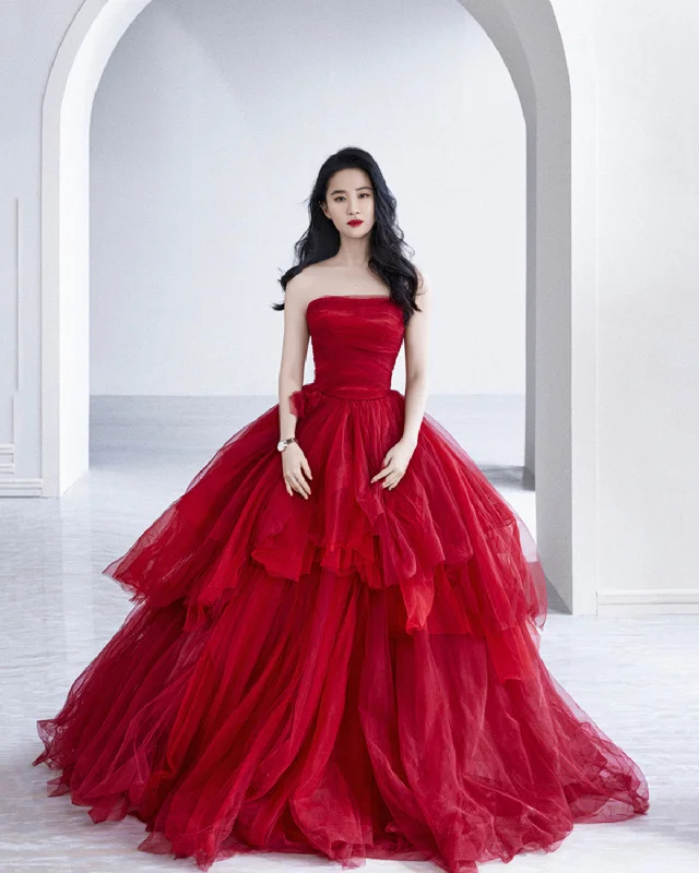 A-line prom dresses for flattering fit-Red tulle long A line prom dress red evening dress  8902