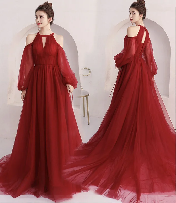 Bold floral patterns for prom dresses-Red tulle long prom dress A line evening dress 10444 Bold floral patterns for prom dresses-Red tulle long prom dress A line evening dress 10444