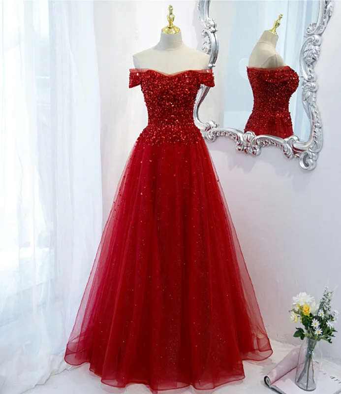 Designer prom dresses for teens-Red tulle sequins long A line prom dress evening dress 8923 Designer prom dresses for teens-Red tulle sequins long A line prom dress evening dress 8923