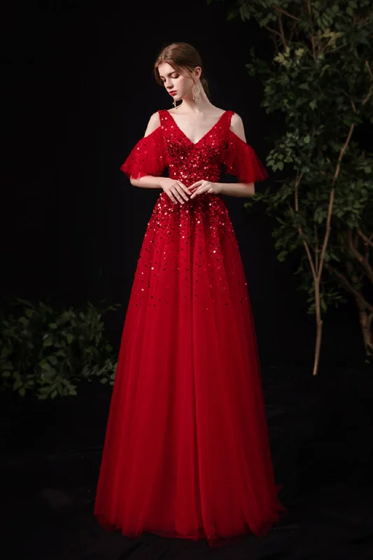 Dramatic prom dresses with trains-Red tulle sequins long A line prom dress red evening dress 8737 Dramatic prom dresses with trains-Red tulle sequins long A line prom dress red evening dress 8737