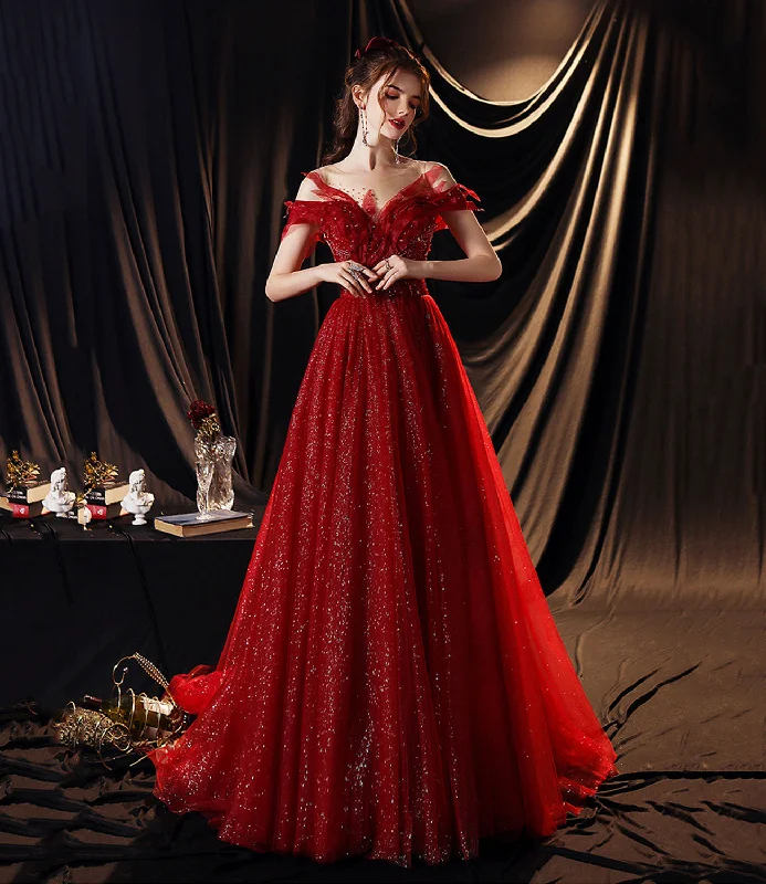 Prom dresses with sequins-Red tulle sequins long prom dress A line evening gown 10355 Prom dresses with sequins-Red tulle sequins long prom dress A line evening gown 10355