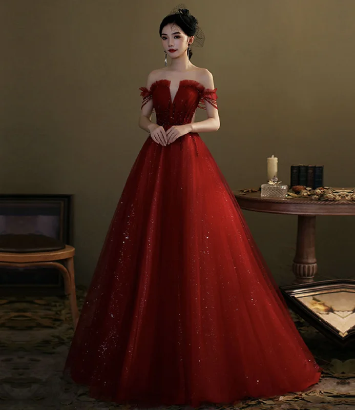 Sexy open-back prom dresses-Red tulle sequins long prom dress evening gown  10276