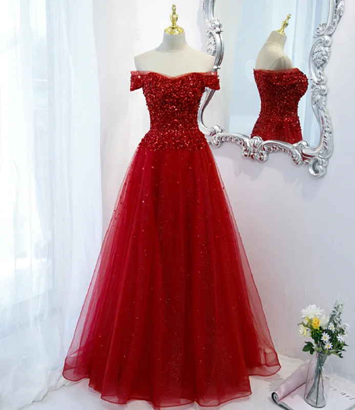 Prom dresses with statement jewelry-Red tulle sequins long prom dress red evening dress 8987 Prom dresses with statement jewelry-Red tulle sequins long prom dress red evening dress 8987