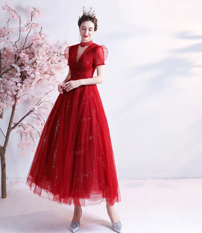 Prom dresses with velvet-Red tulle short prom dress red homecoming dress  10353
