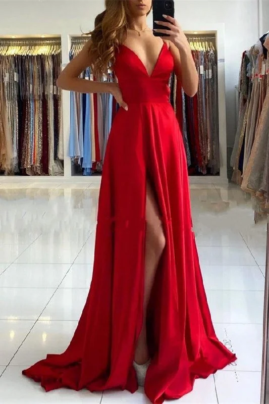 Sexy mermaid prom dresses for hourglass figures-Red V-Neck Prom Dress With Split gh701 Sexy mermaid prom dresses for hourglass figures-Red V-Neck Prom Dress With Split gh701