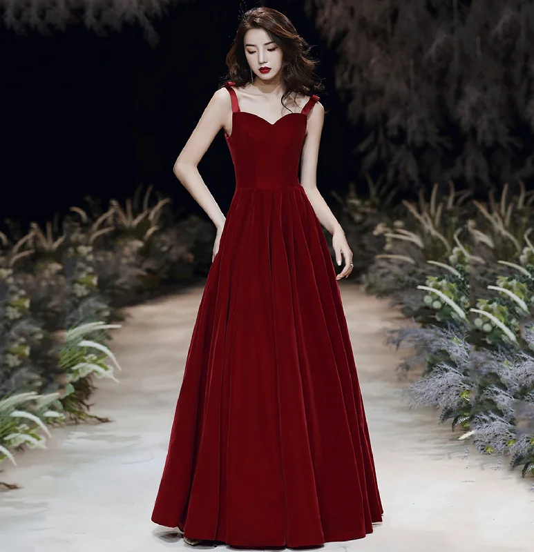 Sweet prom dresses with bow accents-Red velvet long prom dress Simple evening gown 10115 Sweet prom dresses with bow accents-Red velvet long prom dress Simple evening gown 10115