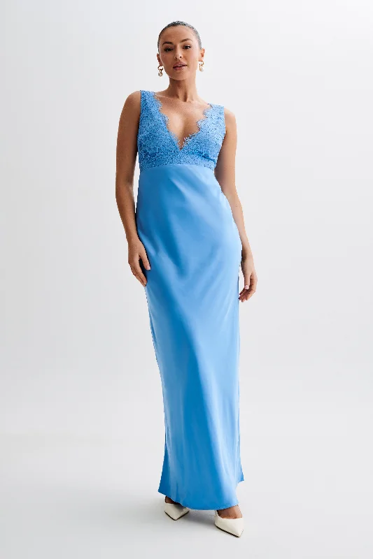 Prom dresses with beading-Ricci Satin And Lace Maxi Dress - Iris Blue