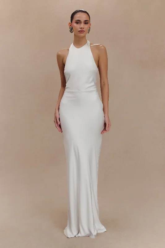 Prom dresses with spooky themes-Rinna Satin Halter Maxi Dress - Ivory
