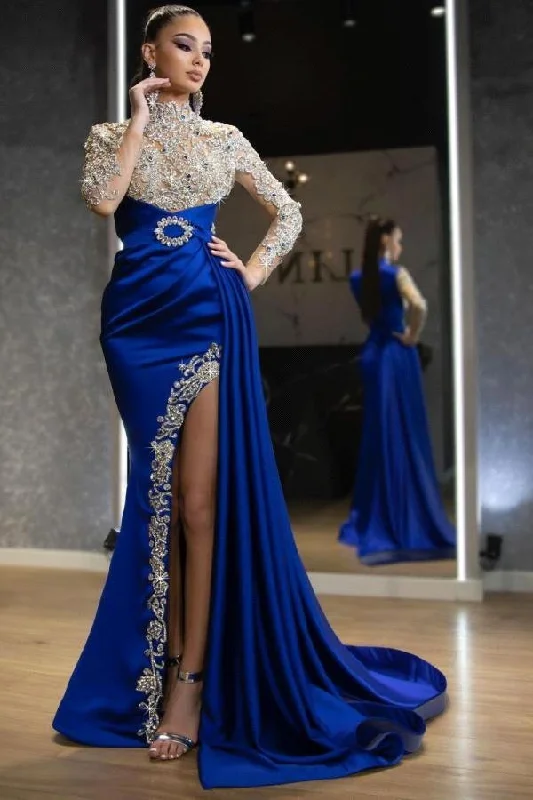 Prom dresses with faux fur-Royal Blue Long Sleeves Beadings Mermaid Prom Dress Split With Ruffles gh760 Prom dresses with faux fur-Royal Blue Long Sleeves Beadings Mermaid Prom Dress Split With Ruffles gh760