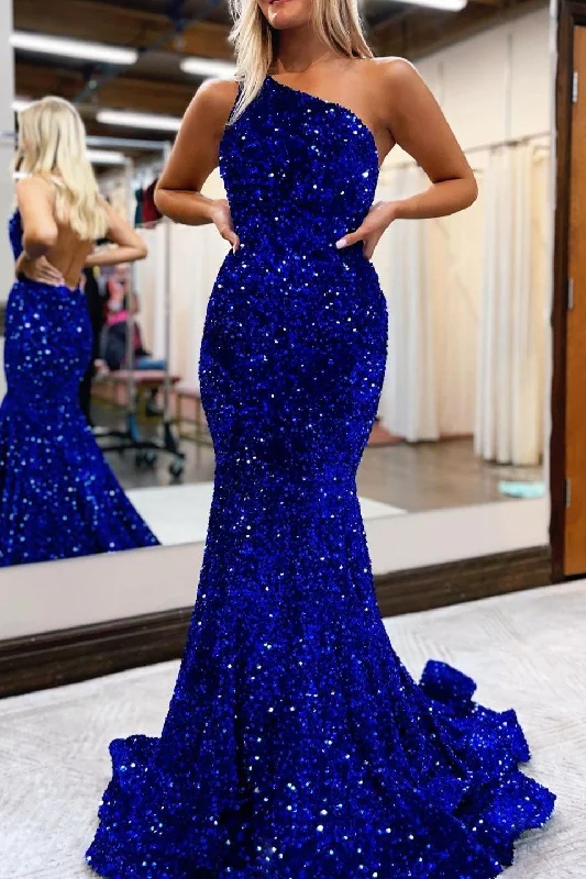 Prom dresses for summer concerts-Royal Blue One-Shoulder Mermaid Prom Dress With Sequins gh751 Prom dresses for summer concerts-Royal Blue One-Shoulder Mermaid Prom Dress With Sequins gh751