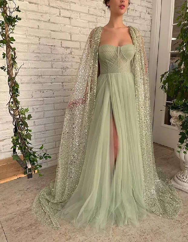 Sweetheart neck prom dresses for romance-Sage Green Prom dress A line Floor-length Aurora Cape Tulle Prom Dress gh1828 Sweetheart neck prom dresses for romance-Sage Green Prom dress A line Floor-length Aurora Cape Tulle Prom Dress gh1828