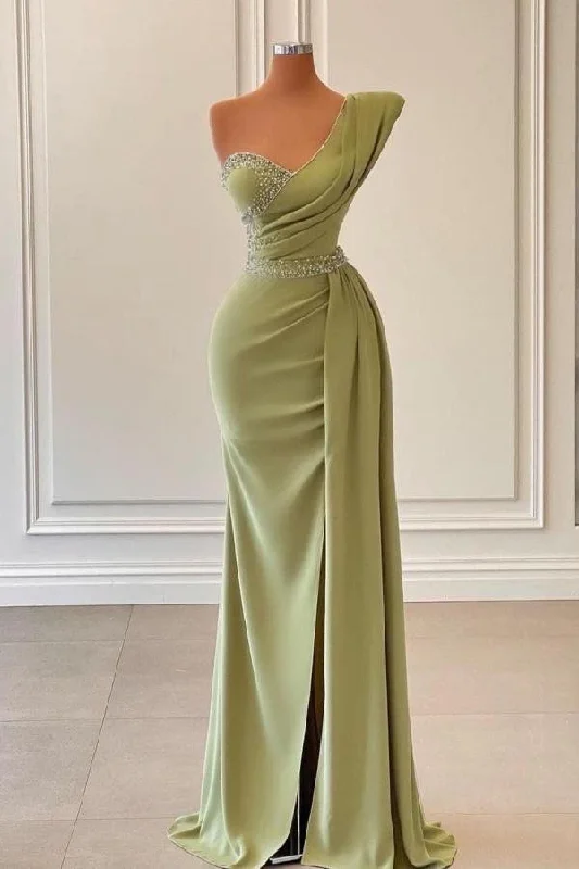 What to wear with prom dress-Sage One-Shoulder Split Mermaid Prom Dress With Beadings gh793 What to wear with prom dress-Sage One-Shoulder Split Mermaid Prom Dress With Beadings gh793