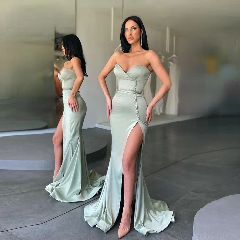 Ruffled prom dresses for extra flair-Sexy Long Mermaid Elegant Strapless Prom Dresses Sleeveless High Split Button Satin Formal Dress Women Evening Party Gowns gh1141 Ruffled prom dresses for extra flair-Sexy Long Mermaid Elegant Strapless Prom Dresses Sleeveless High Split Button Satin Formal Dress Women Evening Party Gowns gh1141