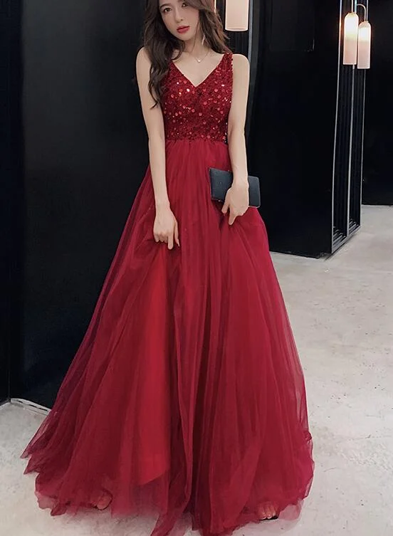 Perfect prom dresses for a unique look-Sexy V-Neckline Wine Red Tulle Floor Length Party Dress, Red Formal Gown gh404 Perfect prom dresses for a unique look-Sexy V-Neckline Wine Red Tulle Floor Length Party Dress, Red Formal Gown gh404