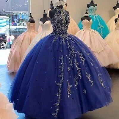 Pretty pink prom dresses for a feminine vibe-Shinning Dark Blue Quinceanera Dresses Beads Halter Neck Sweetheart Sweet 16 gh947